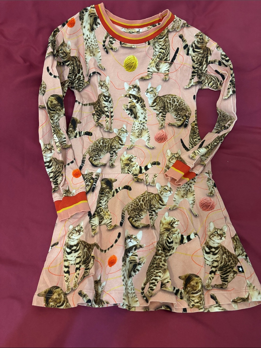 Molo Pink Cat Print Long Sleeve Dress with Yellow & Orange Accents